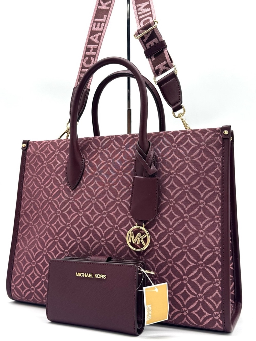 Michael Kors Medium Mirella Tote Bag & Matching Bifold Zip Chain Wallet Ox Blood